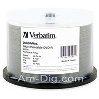 Verbatim 94971: Inkjet White, 8x DVD-R, Hub Logo Verbatim 94971: Inkjet White, 8x DVD-R, Hub Logo