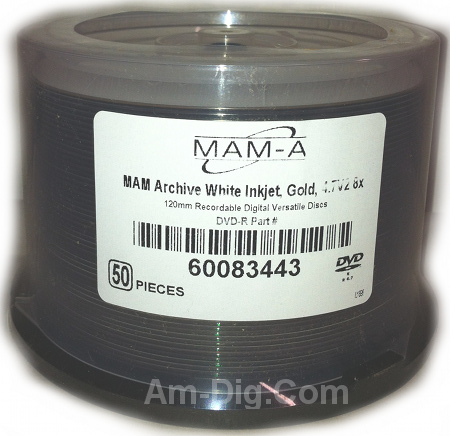 MAM-A 83443 GOLD DVD-R 4.7GB Archival White InkJet from Am-Dig