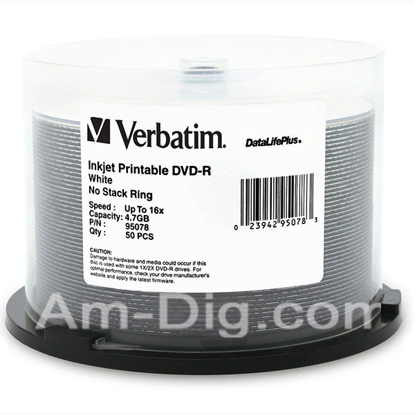 Verbatim 95078 DVD-R 4.7GB 16x White Inkjet -50pk from Am-Dig