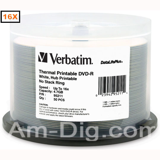 Verbatim 95211 DVD-R 4.7GB 16X Whte Thermal - 50pk from Am-Dig