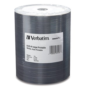 Verbatim 97016 DVD-R16x White Inkjet Hub 100pk from Am-Dig